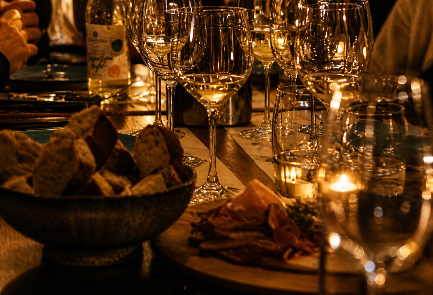 Wine tasting dinner with glasses and candles